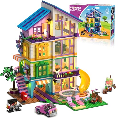 CUBIMANA Friends Mädchen Haus Bauspielzeug mit LED Licht - Freunde Villa Bausteine mit Rutsche und Auto, 1317PCS Häuser Baukasten Weihnachten Geburtstags Geschenk für Mädchen Jungen Kinder ab 6+ Jahre