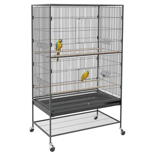 PawHut Vogelkäfig, Vogelvoliere mit 2 Türen, 4 Sitzstangen, Rollen, Voliere mit Futternapf, herausnehmbarem Tablett, Stahl Vogelhaus für kleine Vögel, 94 x 57 x 153 cm, Grau