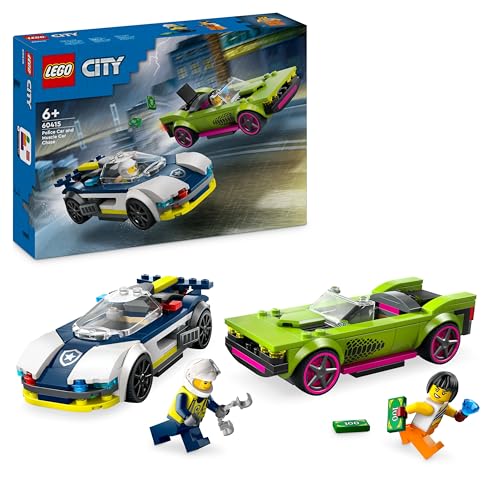 LEGO City Verfolgungsjagd mit Polizeiauto und Muscle Car, Auto-Spielezug mit 2 Rennautos, Polizei-Geschenk für Kinder, Jungs und Mädchen ab 6 Jahren, Set mit Polizist und Ganovin-Minifiguren 60415