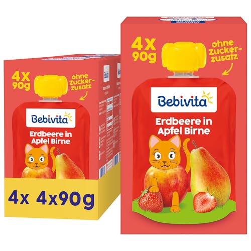 Bebivita Erdbeere in Apfel Birne Quetschie – 16 Stück (4er Pack, je 4 x 90g), ohne Zuckerzusatz, glutenfrei, ideal für unterwegs und selbständiges Snacken