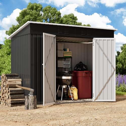 Amopatio Gerätehaus, Gartenhaus mit Pultdach, Geräteschuppen 228x109x182 cm (BxTxH), Gartenhaus Metall mit Tür, Verzinkte Gartenhülle Metall-Schuppen mit Fundamentrahmen, Schwarz