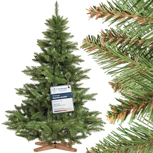 FairyTrees Weihnachtsbaum künstlich 150cm NORDMANNTANNE mit Christbaum Holzständer | TESTSIEGER Tannenbaum künstlich mit grünem Stamm | Made in EU