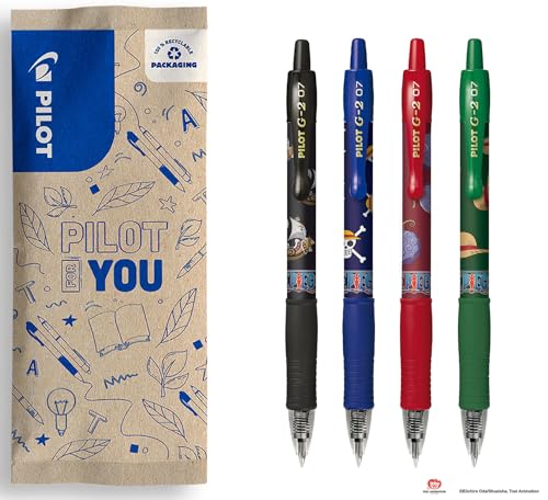 PILOT x ONE PIECE - 4er-Set G2 + 4 Sticker - Einziehbare und Nachfüllbare Gel-Tinten-Roller-Stifte - Limitierte Auflage One Piece - Schwarz, Blau, Rot, Grün - Mittlere Spitze