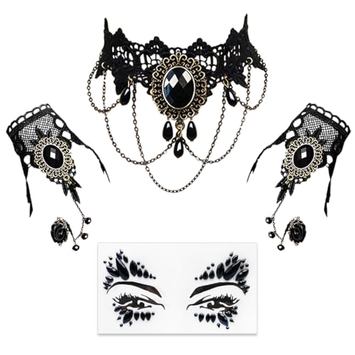 4 PCS Halloween Gothic Schmuck, Halskette Armbänder mit Gesicht Diamant Aufkleber, Vampire Kostüm Damen Zubehör, Gotisch Halloween Kostüm Damen Accessoires