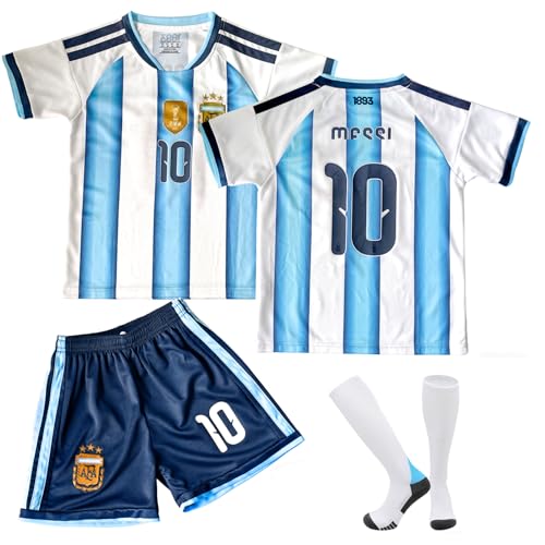 COQOYO Fussball Trikot Kinder Set, Heim Nr.10 Fußballtrikot für Jungen und Mädchen von 8-9 Jahren, Atmungsaktives und Schnelltrocknendes Fußball-Trainingstrikot mit Kurzarm Shorts Socken, Blau-Weiß