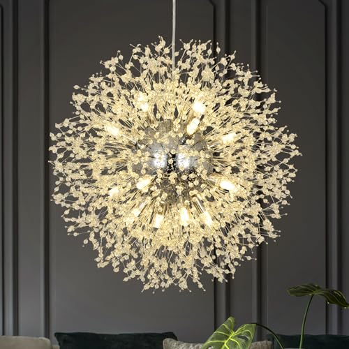 KUNYEEE Moderne Feuerwerks-Kronleuchter Dandelion Pendelleuchte, Chromsilber 16 Leuchten G9 Leuchten, Kristall-Kronleuchter für Wohnzimmer, Schlafzimmer, Esszimmer, Foyer, Flur, Φ60 cm