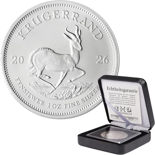 Silbermünze 1 oz Krügerrand | Aktueller Jahrgang | Feinsilber 999 | In Münzkapsel & schwarzem Etui | Inkl. Grußkarte und Echtheitsgarantie | Geschenk & Sammlermünze