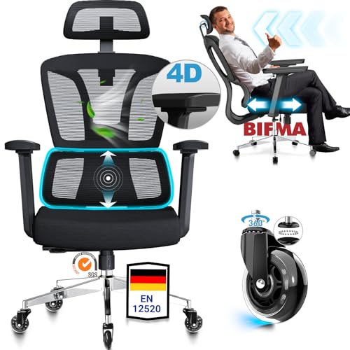 MELOKEA Bürostuhl Ergonomisch, 4D-Armlehnen, Verstellbare Sitztiefe, 4-Stufen Neigung, Gummirollen, Hohe Rückenlehne, Ergonomischer Lordosenstütze, Langes Sitzen, Homeoffice & Gaming, Bürostuhl 200KG