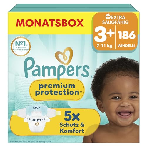 Pampers Premium Protection Größe 3+, 186 Windeln, 7kg-11kg, unser Nr. 1 Haut- und Auslaufschutz