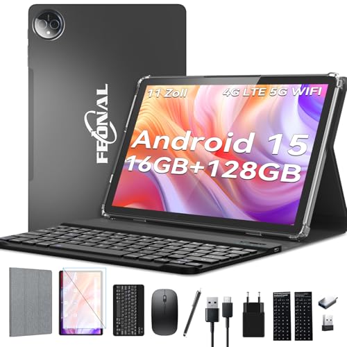 2026 Neueste Tablet 11 Zoll Android 15 Tablets,Tablet mit Tastatur Maus,5G Wifi Tablett PC Mit 16GB+128GB(1TBTF),4G LTE Tablets Mit 2 SIM 1 SD slot-Octa-core,1080FHD,13+8MP,7000mAh,Type-C/GPS/OTG-Grau