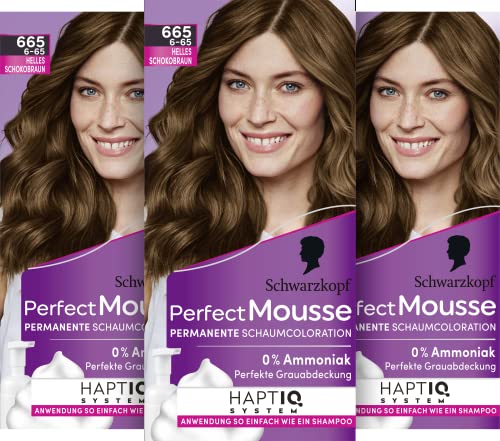 Schwarzkopf Perfect Mousse Permanente Schaumcoloration 665/6-65 Helles Schokobraun (93 ml), Haarfarbe mit perfekter Grauabdeckung, Coloration für intensive Pflege & strahlenden Glanz