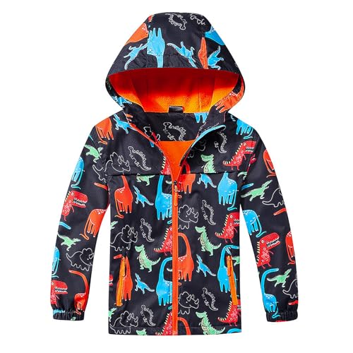 FILOWA Regenjacke Gefütterte für Jungen Kinder Softshelljacke mit Fleece Futter Wasserdicht Übergangsjacke Leichte Jacke Dinosaurier Druck Funktionsjacke für Outdoor Camping Schule Gr.128-134, Blau