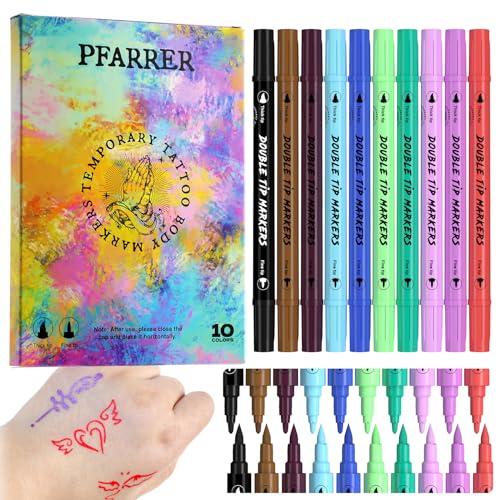 PFARRER Temporäre Tattoo Marker for Skin, 10 colors Tattoo Stifte für die Haut, Dual-End Tattoo Stifte mit Bold and Fine Lines safty Tinte ZYH2312111