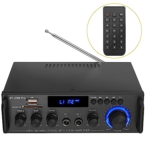 PROZOR Audio Power Stereo Verstärker Bluetooth 5.0 Verstärker HiFi Stereo Amplifier mit 2 Kanal, Bass Treble Tuner, Fernbedienung Digital Endstufe Mini Audio Verstärker für PC Heimkino 50Wx2 12V