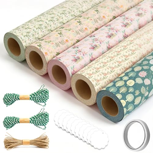 Geschenkpapier Set, 10 Bögen Geburtstagsgeschenkpapier mit Hanfseil Doppelseitiges Klebeband und Kraftpapieranhänger, Geschenk Papier Vintage Blumen für Hochzeit Brautparty Muttertag, Geburtstag