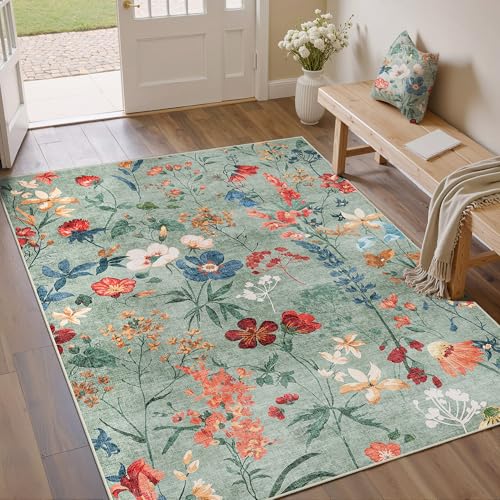 HUGEAR Grün Waschbarer Teppich Blumenmuster 150x80cm Blumen Boho Neutral Modern Rugs for Living Room Weich rutschfest Groß Tepich Kurzflor Schlafzimmer Carpet Esszimmer Bedroom Teppiche Büro