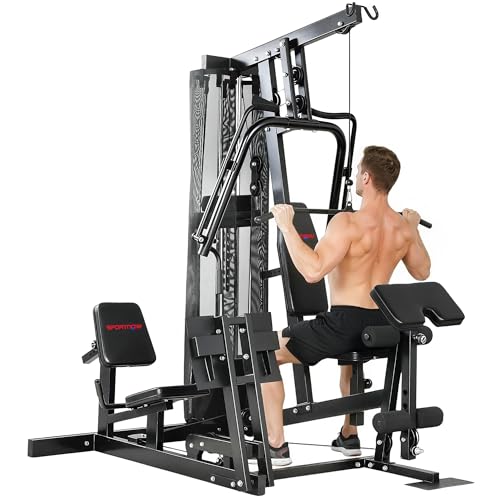 SPORTNOW Kraftstation Fitnessstation mit Latzug Butterflystange 65kg Gewichten Seil Beinpresse Multifunktion Krafttraining bis zu 120kg belastbar Fitnessgerät Trainingsstation für Zuhause