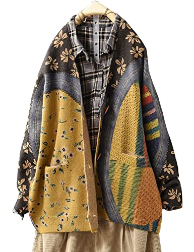 Janein Damen Strickjacke Lang Casual Lose Oversize Cardigan mit Drucken Pullover für Frauen Jumper Jacke L S01TYP3DE CR110