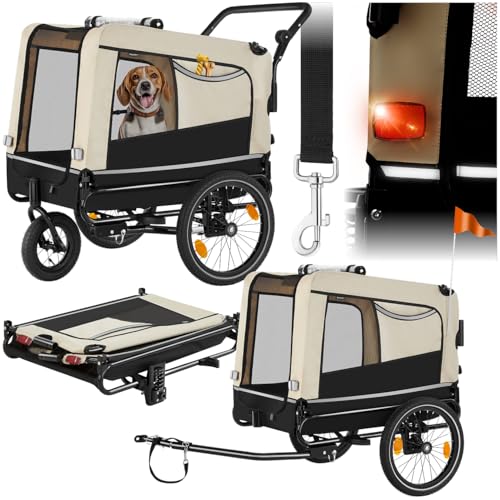tectake® Fahrradanhänger multifunktional - als Hunde Anhänger Wagen für Fahrrad und e Bike, Jogger oder Buggy, Belastbarkeit bis 40kg, faltbar, schneller Umbau, inkl. Sicherheits Zubehör - beige
