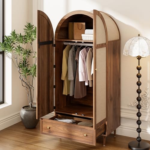 RIAZOS Kleiderschrank mit Stange, Stofftüren & Schublade, Eleganter Walnussoptik Garderobe, Schlafzimmer, Wohnzimmer, 79x50x175 cm