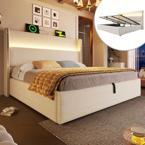 Kebnor Modernes Hydraulisches Bett mit Hohem Kopfteil, Einzelbett mit LED-Beleuchtung, Stauraum & USB/Type-C-Anschlüssen, in Leinen Optik Beige (Ohne Matratze) (140x200cm)