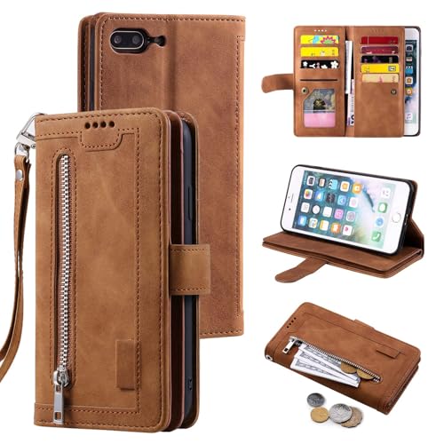 UEEBAI Hülle für iPhone 7 Plus/8 Plus, Retro Leder Klapphülle, Braun