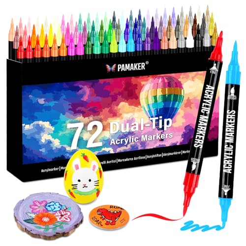 Pamaker 72 Farben Acrylstifte Set – Acrylmarker mit feiner Spitze und Pinsel für Stoff, Leinwand, Glas, Holz und Papier – zum Zeichnen und DIY-Bastelprojekte