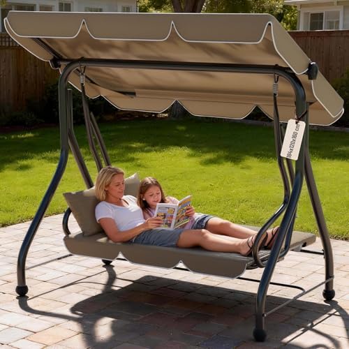 Soontrans Hollywoodschaukel mit Liegefunktion 3-Sitzer zum Entspannen für Terrasse Garten, 184 x 120 x 160 cm, 2-in-1 Gartenschaukel und Gartenliege mit Polsterauflage & Sonnendach & Sitzkissen (Braun