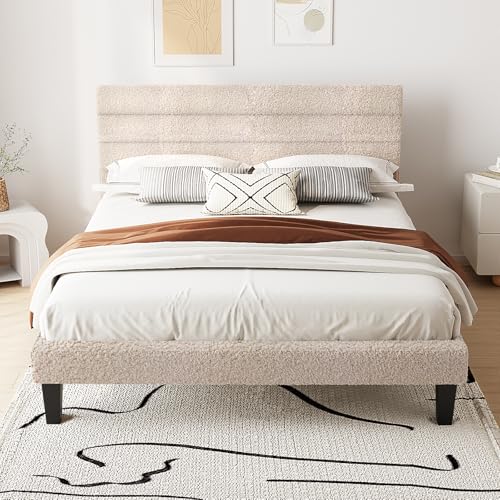 Bonnlo Polsterbett 140x200 cm mit verstellbarem Kopfteil, Bett 140x200 mit Lattenrost aus Holz, Bouclégarn(ohne Matratze)