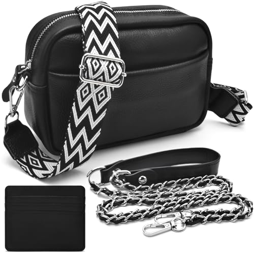 BROTOU Handy Umhängetasche Echtes Leder Crossbody Bag mit 2 Breitem Schultergurt Kartenhalter, Schwarz UmhäNgetasche Damen Leder UmhäNgetasche Damen, Kleine Umhängetasche Damen mit 3 Fächern (S)