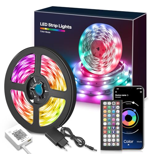 LED Strip 15M(1Rolle), Bluetooth LED Streifen RGB LED Lichterkette Licht mit Fernbedienung und App,16 Mio. Farben, Fernbedienung, Sync mit Musik, Beleuchtung Leiste Band für Schrankdeko, Zuhause