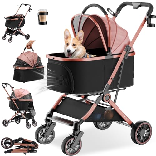 GTPLAYER Hundewagen 4 in 1 Hundebuggy, Hundebox klappbar Hund Kinderwagen bis 25kg, Faltbar Katzenwagen mit 360°Drehrädern, Netzfenstern, Verstellbaren Markise&Getränkehaltern, Roségold