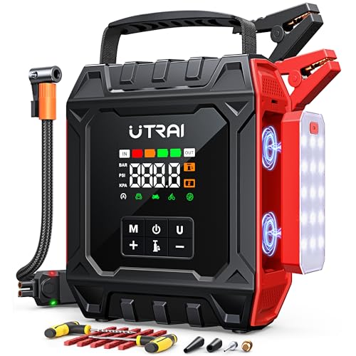 UTRAI 7000A Starthilfe Powerbank für Pkw mit Kompressor 160PSI, Auto Starthilfe Powerbank für Alle Benzin und Bis 12L Diesel, Starter Powerbank mit 1000 Lumen Magnetlampe, 18-W-Ausgang