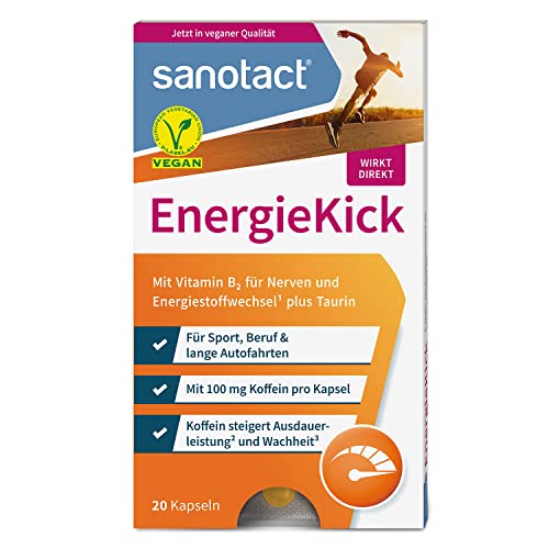 sanotact EnergieKick (20 Kapseln) • Energie Kapseln als Energie Booster • Koffeintabletten mit Taurin & Vitamin B2 • Wachmacher bei Müdigkeit • 100% Vegan ideal vor dem Sport