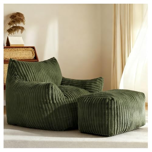 Calivra Sitzsack XXL für Erwachsene mit Ottoman - Ergonomischer Relax Liegesessel mit 5-Zonen-Stütze, Corduroy Bezug, High-Rebound Füllung Schwamm, platzsparend für Wohnzimmer (Grün)