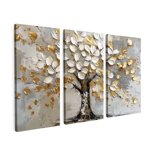 MuchoWow© Leinwandbild 3er Set 150x100 cm Dekoration Wohnzimmer Bilder Pictures Wall Decoration Living Room Wohnungs Deko Moderne Wandbilder Set Baum - Weiß - Gold - Lackoptik