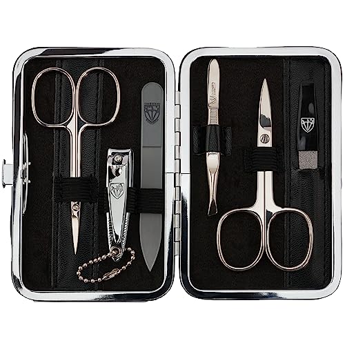 DREI SCHWERTER - Germany 6-tlg. Maniküreset 'Genova' | Nagelpflegeset in schwarzem Kunstlederetui | Inhalt: Nagelschere, Hautschere, Nagelknipser, Glasnagelfeile, Pinzette, Saphirnagelfeile