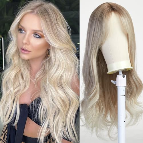Esmee Lange Gewellte Blonde Perücken für Frauen Natuaral Synthetisches Haar Hitzebeständig Ombre Perücke für Tägliche Party Cosplay Verwendung