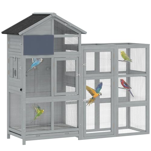 PawHut Voliere Vogelvoliere aus Holz mit Erweiterung 6 Sitzstangen 7 Türen Ablagefach Vogelkäfig mit herausziehbarer Schublade Edelstahlnäpfen Vogelhaus für Finken Wellensittiche Grau 196x60x164,5cm