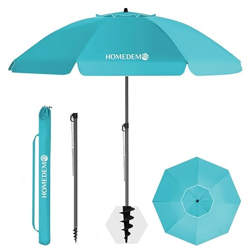 HOMEDEMO Sonnenschirm Strandschirm, Ø 180 cm Gartenschirm Marktschirm, Terrassenschirm mit Bodenhülse & Drehstange & Schutzhülle, Türkis rund Sonnenschutzschirm UV50+ Schutz