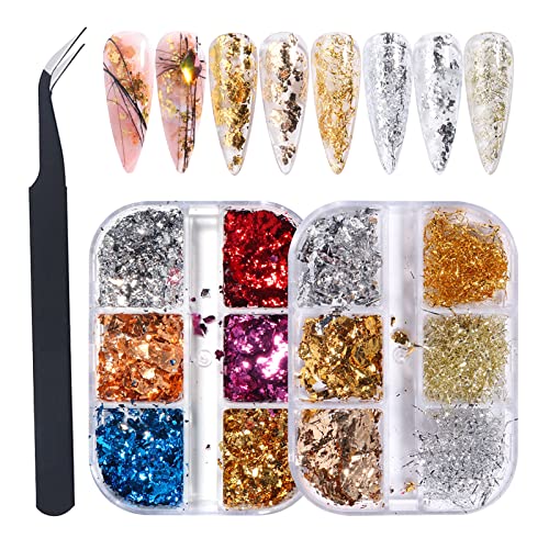 GZMAYUEN Blattgold Nailart Nagel Pailletten Glitter Goldfolie 2 Boxen Nail Gold Folien Goldene Alufolie Glitzer Flocken für Nägel Deko