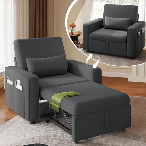 YITAHOME Schlafsessel mit Bettfunktion 192×88, 3-in-1 Ausziehbares Schlafsofa, Verstellbares Einzelsessel mit Kissen und Seitentasche, Sofa mit Schlaffunktion für Wohnzimmer Wohnung, Dunkelgrau