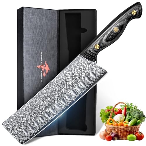Purple Dragon Damaskus Nakiri Messer 7 Zoll, Messer mit scharfem Rand und Holzgriff Hand geschmiedete Kochmesser für den Hausgebrauch, Fleisch Gemüse, Geburtstagsgeschenk