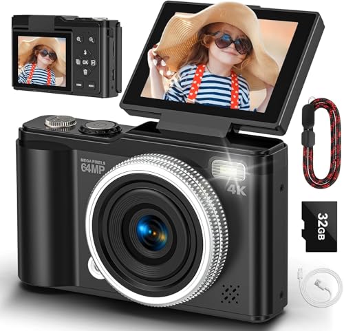 Digitalkamera, 4K 64 MP Kompakt-Digitalkamera mit Autofokus und Makrofunktion, 180°-Klappbildschirm, tragbare Selfie-Kamera für Fotos und Videos mit 32 GB SD-Karte für Anfänger und Jugendliche
