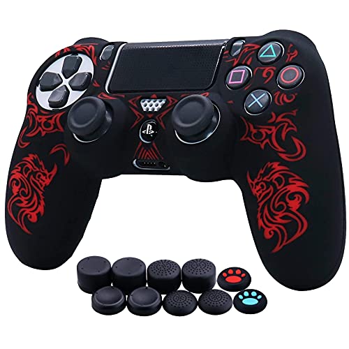 HLRAO Lasergravur Drachen Silikon Hülle Skin Case (Strahlung) für PS4/Slim/Pro Controller x 1 Mit Pro aufsätze Thumb Grips x 10.