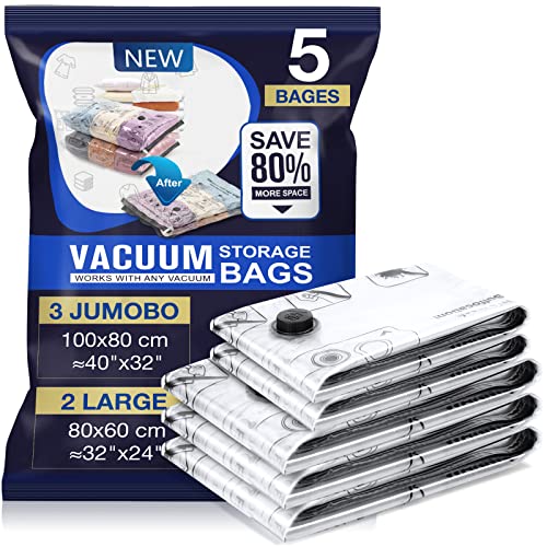 Vakuumbeutel für Bettdecken 5 Stück 3 Jumbo 100x80cm 2 Groß 80x60cm – Vakuumbeutel für Kleidung, Wiederverwendbar als Solche Aufbewahrungstasche, ideal für Reise und Alltag
