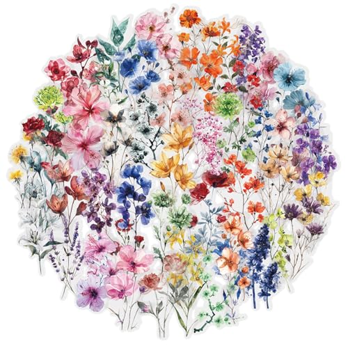 Canollo 50 Stück Transparente Blumen Aufkleber, PET Sticker Blumen, Flower Stickers, Natur Blume Aufkleber für Reisekoffer, Laptop, Planer, Kalender, Notizbücher, Handwerk, Tagebücher