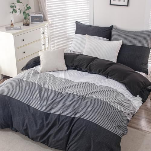 Nesture Bettwäsche 135x200 Schwarz, Bettwäsche-Sets mit Gestreift Muster Microfaser Bettbezug 135 x 200 2 Teilig bügelfrei & weich - 1 Wendebettwäsche und 1 Kissenbezug 80x80 mit Reißverschluss