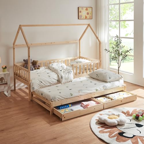 [en.casa] Kinderbett mit Ausziehbett Aarghonmaa Hausbett 90 x 200 cm Holzbett für Kinder Bettgestell inkl. Lattenrost Rausfallschutz und 2 Schubladen Kiefernholz Natur