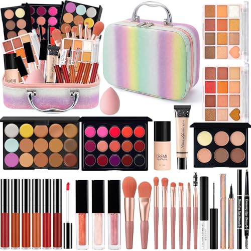 Schminkset Teenager Mädchen, Schminkkoffer Damen, All in One Make Up Set mit Reisetasche, Makeup Starter Kit Geschenkset mit Lidschatten Palette Foundation Augenbrauenstift Mascara Lipgloss Eyeliner